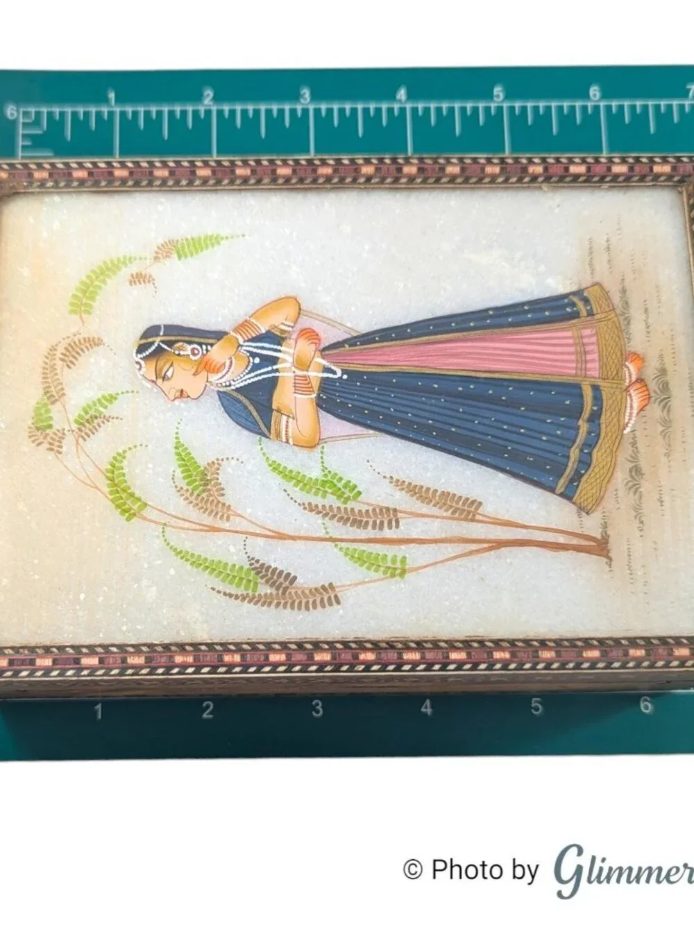 Vintage Indian Inlay Rajasthani Art Blue Lined Glass Lid Wood Jewelry Box